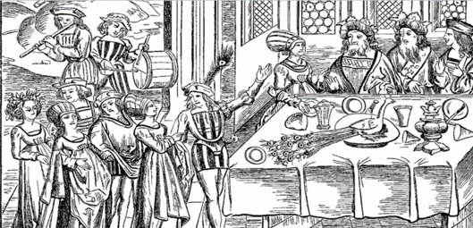 VITA QUOTIDIANA BANCHETTO UFFICIALE SERVENDO IL PAVONE PARTIC FB COPIA INCISIONE DA EDIZ DI VIRGILIO 1517 PUBBL A LIONE